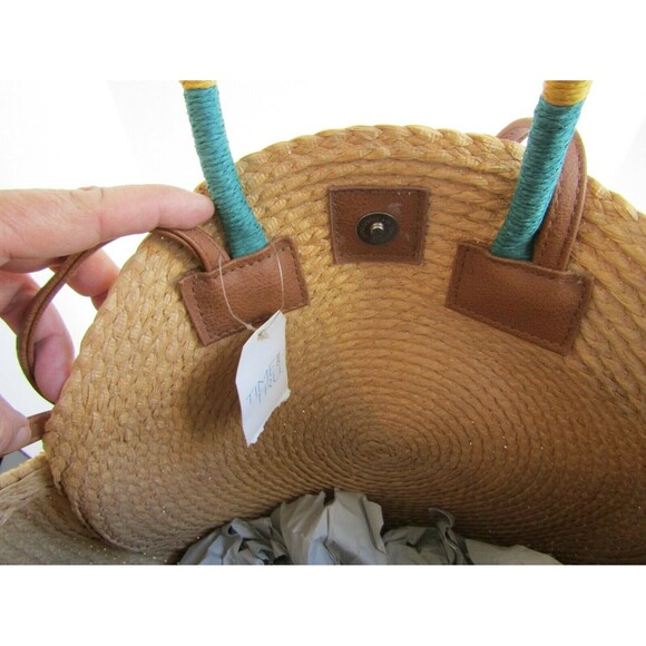 Time and Tru Straw Beach Bag Purse Shoulder Bag Tan Pink Leather Straps NWT - Picture 4 of 5